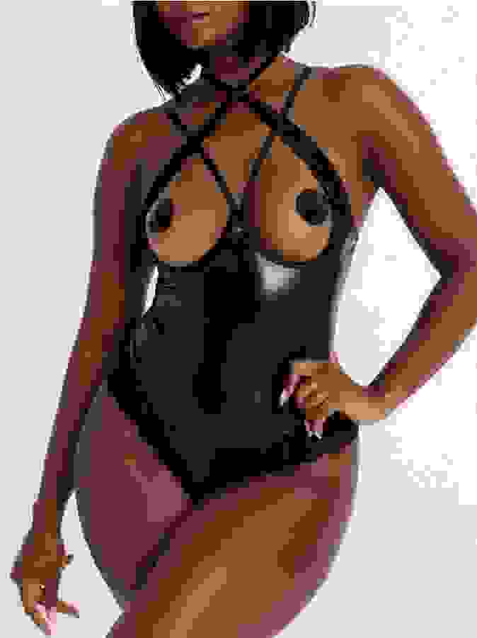 Lovehoney Fierce Romance Black Wet Look and Lace Open-Cup Body, Black, hi-res
